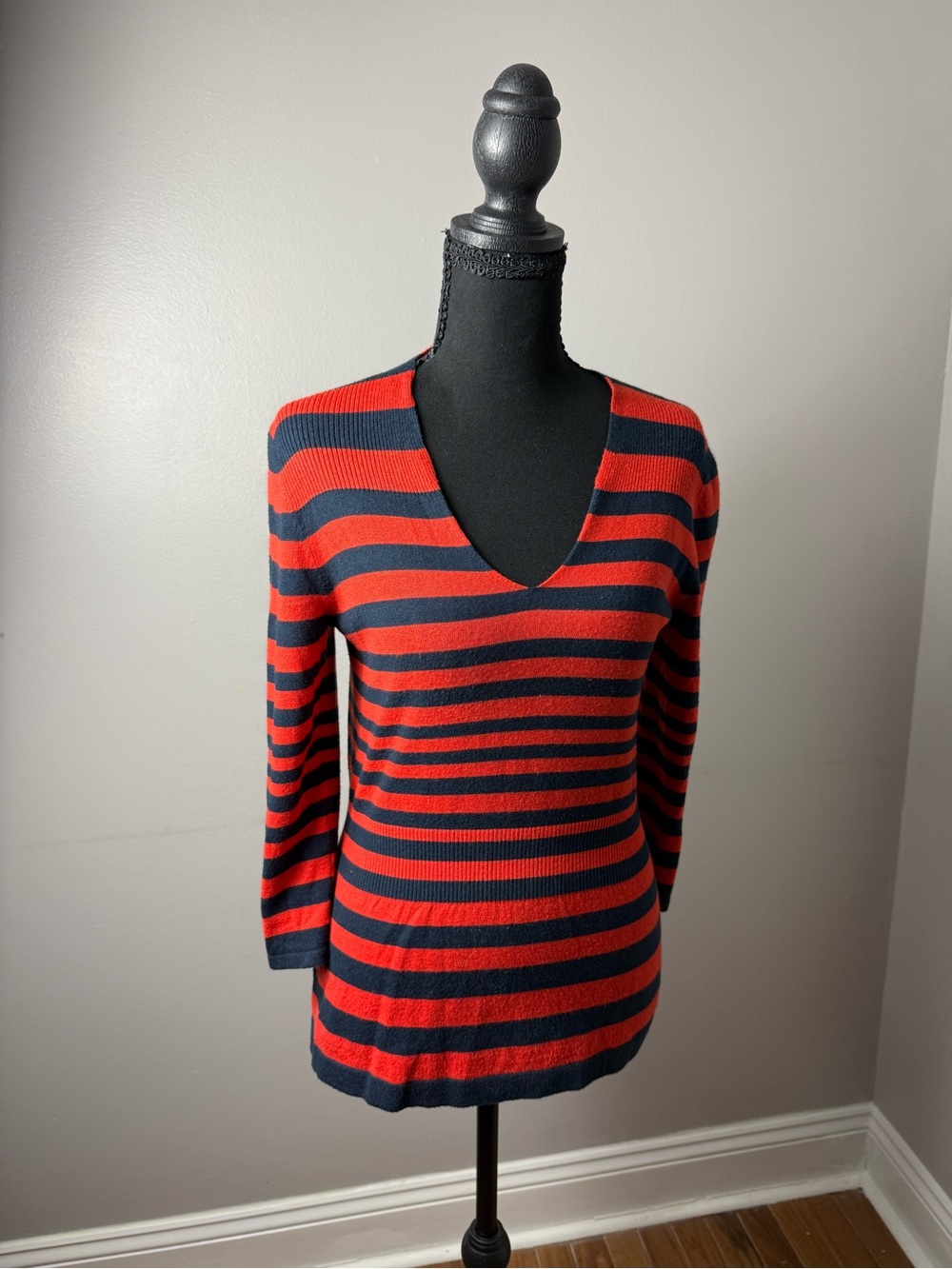 Ann Taylor Striped V-Neck Sweater - Red & Navy